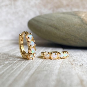 Opal Hoop Earrings, Opal Earrings, Opal Huggie Hoops, Opal Jewelry,Dainty Gold Gemstone Hoops,Crystal Huggie Hoops,October Birthstone Gift
