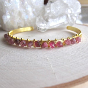 Dainty Gemstone Cuff Bracelet, Pink Tourmaline Bracelet, Natural Gemstone Bangle, Pink Crystal Bracelet, Gift for Gem Lovers, Gift for Girls image 2