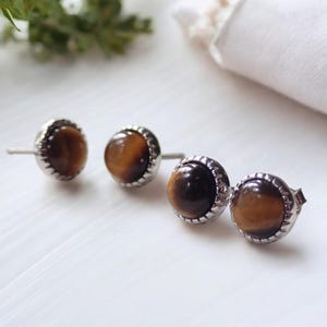 Small Tiger Eye Studs, Dainty Sterling Silver Gemstone Stud Earrings, Hypo Allergenic Earrings, Tiger Eye Earrings, Minimalist Jewelry Gift