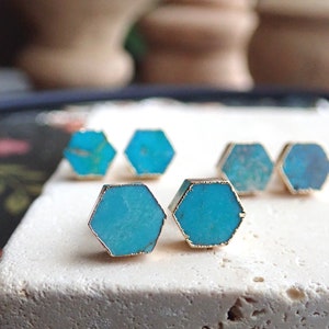 Turquoise Studs Earrings, Turquoise Earrings, Turquoise Jewelry, Raw STone Earrings, Dainty Turquoise Earrings, Genuine Turquoise Hexagons image 9