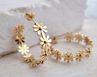 Gold Fill Flower Hoop Earrings, Daisy Chain Earrings, Flower Earrings Gold, Waterproof Jewelry, Flower Jewelry, Stainless Steel AntiTarnish