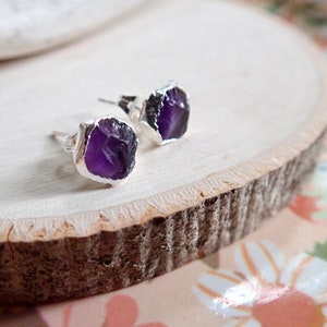 Raw Amethyst Earrings, Silver Amethyst Stud Earrings,February Birthstone,Dainty Amethyst Earrings,Purple Crystal Earrings,Raw Stone Earrings