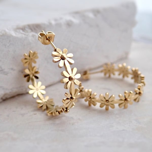 Gold Fill Flower Hoop Earrings, Daisy Chain Earrings, Flower Earrings Gold, Waterproof Jewelry, Flower Jewelry, Stainless Steel AntiTarnish