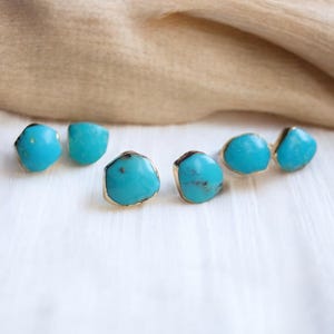 Genuine Turquoise Stud Earrings, Gold Turquoise Post Earrings, Turquoise Jewelry, December Birthstone Gift for Her, Blue Gemstone Earrings