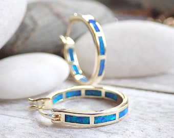 Opal Hoops Earrings, Blue Opal Earrings Gold, Huggie Hoops, October Birthstone Gift, Opal Jewelry, Gemstone Hoop earrings, Minimal Hoop