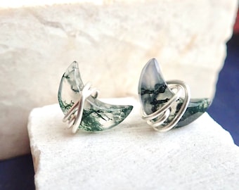 Moss Agate Stud Earrings, Moss Agate Jewelry, Crescent Moon Earrings, Wire Wrapped Gemstone Studs, Celestial Earrings, Half Moon Earrings