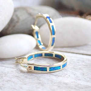 Gold Hoop Earrings Blue Opal Inlay, Opal Earrings Gold, October Birthstone Gift, Opal Jewelry, Gemstone Hoop earrings, Minimal Medium Hoop