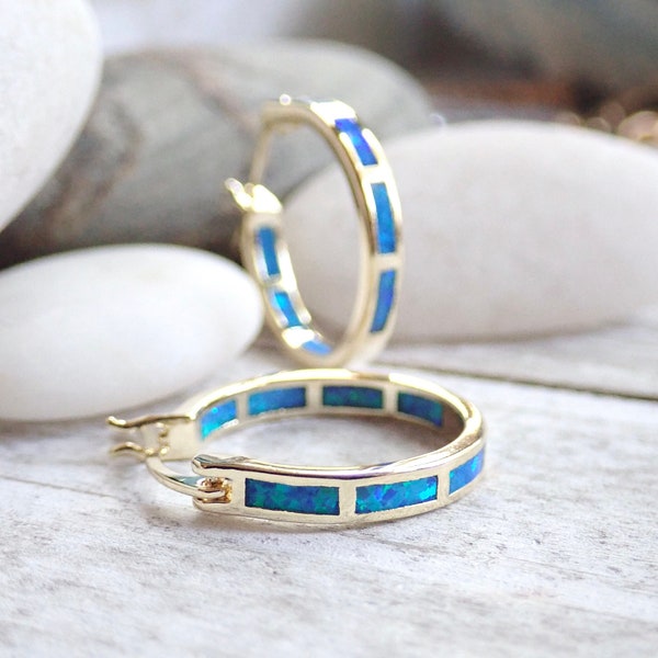 Opal Hoops Earrings, Blue Opal Earrings Gold, Huggie Hoops, October Birthstone Gift, Opal Jewelry, Gemstone Hoop earrings, Minimal Hoop