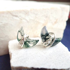 Moss Agate Stud Earrings, Moss Agate Jewelry, Crescent Moon Earrings, Wire Wrapped Gemstone Studs, Celestial Earrings, Half Moon Earrings