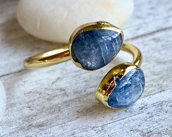 Open silver ring with raw aquamarine and blue kyanite  Adjustable natural gemstone ring  Bohemian interesting jewellery  Unique gift