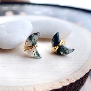 Moss Agate Stud Earrings, Moss Agate Jewelry, Crescent Moon Earrings, Wire Wrapped Gemstone Studs, Celestial Earrings, Lover Girlfriend Gift image 2