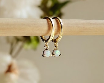 Tiny White Opal Huggie Hoop Earrings,Small Gold Hoops Opal Dangle,Sterling Vermeil Minimal Hoop,October Birthstone Gift for Her,Opal Jewelry