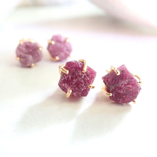 Raw Ruby Earrings, Rough Birthstone Earrings, Ruby Stud Earrings, Birthstone Jewelry, July Birthday Gift, Ruby Post Earrings, Ruby Jewelry