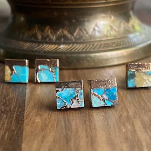 Gold Turquoise Stud Earrings,Turquoise Earrings Studs,Turquoise Jewelry,Raw Stone Post Earrings,Blue STone Earrings,December Birthstone Gift