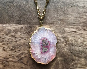 14K Gold Solar Quartz Crystal Necklace, Pink Geode Necklace, Solar Quartz Necklace ,Geode Slice Necklace , Pink Crystal Statement Necklace