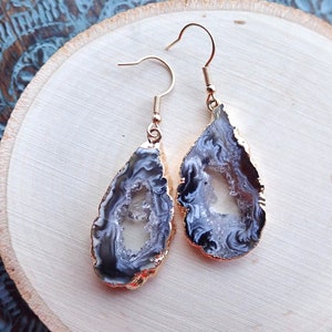 Geode Earrings, Raw Crystal Earrings, Agate Slice Earrings, Boho Crystal Jewelry, Druzy Dangle Earrings, Handmade Jewelry Gift for Her