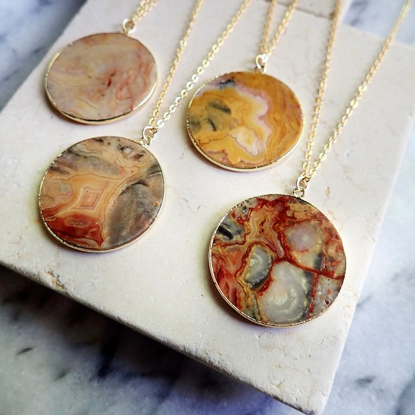 Crazy Lace Agate Necklace, Lace Agate Pendant Necklace, Agate Slice Necklace, Natural Gemstone Gold Necklace for Women, Agate Jewelry Gift