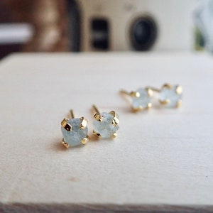 Tiny Aquamarine Birthstone Earrings, Raw Aquamarine Studs, Handmade Birthstone Jewelry, Rough Crystal Earrings, Dainty Gemstone Earrings image 4