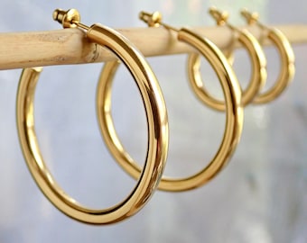 No Tarnish Gold Hoop Earrings,  WATERPROOF Tube Hoops, Non Tarnish Jewelry Gift for Her, Everyday Minimalist Hoops