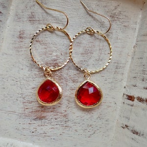 Ruby Hoop Earrings, Red Crystal Gold Hoop Earrings,Ruby Jewelry, July Birthstone Earrings,Gemstone Teardrop Dangle Earrings, Gift for Her