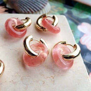 Pink Quartz Gemstone Hoop Earrings, Chunky Gold Hoops Thick Small, Donut Huggie Hoops, Gold Hoop  Earrings, Waterproof Jewelry, Gift for Her