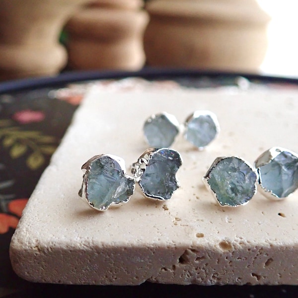 Aquamarine Earrings Silver, Raw Aquamarine Stud Earrings, Natural Crystal Gemstone Earrings,March Birthstone Earrings, Aquamarine Jewelry