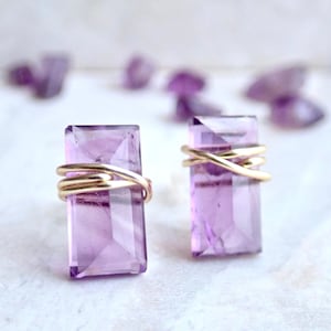 Amethyst Stud Earrings, Minimal Crystal Bar Earring, Wire Wrapped Gemstone ,Amethyst Jewelry,Sterling Silver Studs image 1