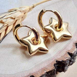 Gold Star Earrings, Gold Charm Hoops, Gold Dangle Hoops, Puffy Balloon Star Earrings, WATERPROOF Jewelry, Non Tarnish PVD Stainless Steel image 3