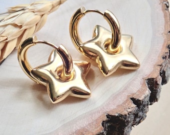 Pendientes pequeños de aro dorado con estrella dorada, aros dorados colgantes, pendientes de estrella hinchada, joyería impermeable, acero inoxidable que no se deslustra, regalo para ella.