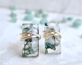 Moss Agate Gemstone Stud Earrings, Sterling Silver or Gold Filled, Minimal Bar Earring,Faceted Wire Wrapped Baguette Post,Moss Agate Jewelry