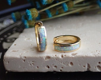 Opal Earrings, Opal Inlay Huggie Hoop Earrings, Opal Hoop Earrings,Opal Jewelry,Helix Hoop Earrings, October Birthstone Gift, Gemstone Hoops