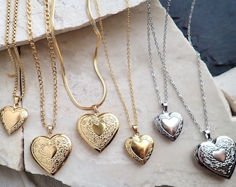 Gold Heart Locket Necklace, Vintage Locket Necklace, Photo Locket, No Tarnish Waterproof Pendant,Keepsake Necklace,Silver Gold Heart Pendant