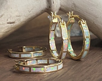 Opal Hoop Earrings, Opal Earrings, Opal Huggie Earrings, Opal Jewelry, October Birthstone Birthday Gift,Opal Hoops Gold,Boho Bridal Earrings