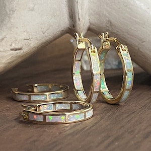 Opal Hoop Earrings, Opal Earrings, Opal Huggie Earrings, Opal Jewelry, October Birthstone Birthday Gift,Opal Hoops Gold,Boho Bridal Earrings