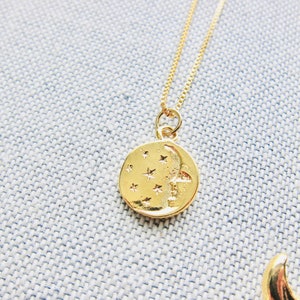 Dainty Gold Moon Necklace, Moon and Stars Necklace, Gold Coin Charm Necklace,Delicate Crescent Moon Necklace,Celestial Jewelry,Star Necklace