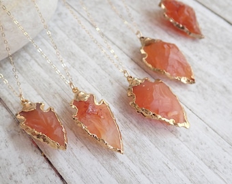Gold Filled Carnelian Arrowhead Necklace - 14K Gold Edged Pendant – July Birthstone - Spiritual Protection Jewelry - Boho Crystal Necklace