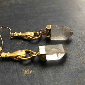 Quartz Earrings,Crystal Earrings,Gold Quartz Point Earrings,Gold Dipped Quartz,Gold Dipped Crystal,Raw Stone Earring,Figa,Mano Figa Earrings