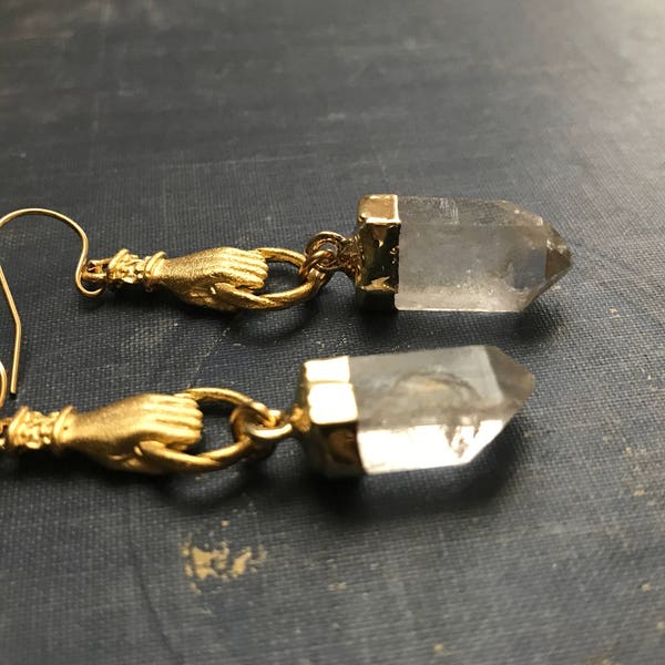 Quartz Earrings,Crystal Earrings,Gold Quartz Point Earrings,Gold Dipped Quartz,Gold Dipped Crystal,Raw Stone Earring,Figa,Mano Figa Earrings