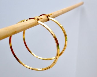 Medium  Large Thin Gold Hoop Earrings, Waterproof No Tarnish Earrings, Hoop Earrings Gold Bevel, PVD Stainless Steel Jewelry, Gift for Her