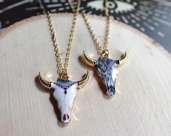 Cow Skull Necklace, Longhorn Pendant Necklace, 14k Gold Fill Necklace,Bull Skull Necklace, Sugar Skull Cow Necklace,  Boho Layering Necklace