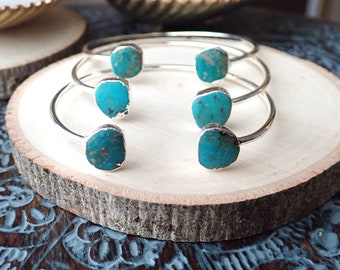 Turquoise Open Cuff Bracelet Silver, Turquoise Cuff Bracelet, December Gemstone Bangle, Raw Stone Gift , Turquoise Jewelry,Boho Stone Cuff