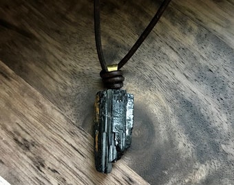 Mens Leather Necklace , Mens Black Tourmaline Pendant Necklace, Stone Necklace for Men, EMF Protection Necklace