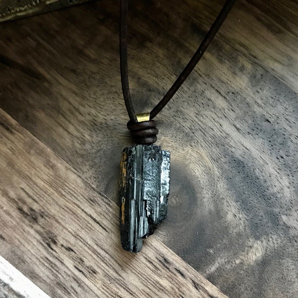 Mens Leather Necklace , Mens Black Tourmaline Pendant Necklace, Stone Necklace for Men, EMF Protection Necklace