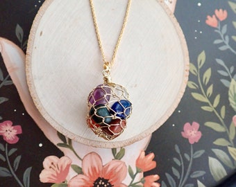 7 Chakras Necklace, Gemstone Chakra Pendant Necklace, Colorful Crystal Necklace, Handmade Stone Necklace, Boho Hippie Spiritual Gift for Her