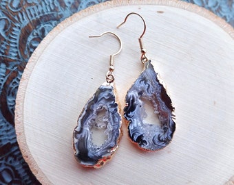 Geode Earrings, Raw Crystal Earrings, Agate Slice Earrings, Boho Crystal Jewelry, Druzy Dangle Earrings, Handmade Jewelry Gift for Her