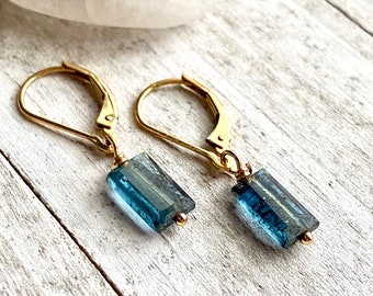 Moss Kyanite Dangle Earrings,Teal Blue Kyanite Earrings ,Kyanite Jewelry,Dainty Gemstone Dangle,Blue Crystal Gold Fill Earrings,Gift for Her