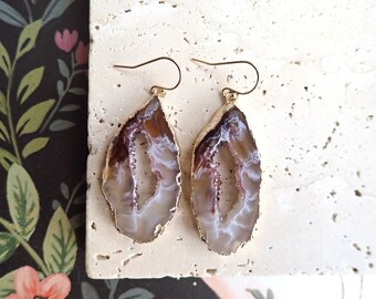 Agate Slice Earrings, Crystal Geode Slice Earrings, Agate Geode Earrings,  Boho Jewelry, Raw Crystal Earrings, Handmade Jewelry,Gift for Her