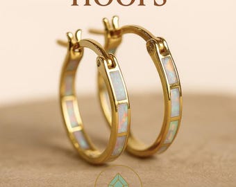 Opal Hoop Earrings, Opal Inlay Earrings, Gold Gemstone Hoops, Opal Jewelry, October Birthstone Gift For Her,Bridal Earrings