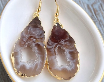 Geode Slice Earrings, Agate Crystal Druzy Dangle Earrings, Agate Slice Earrings, Boho Jewelry,Gold Silver Earring,Agate Jewelry,Gift for Her