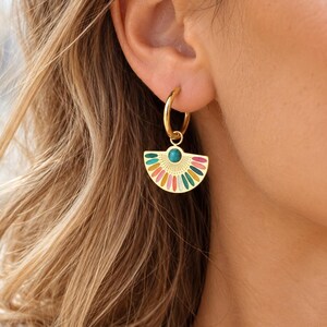 Colorful Enamel Hoops Earrings, WATERPROOF Earrings, Fan Shaped Earrings, Anti Tarnish Earrings, PVD Stainless Steel,Gold Charm Hoop Dangle